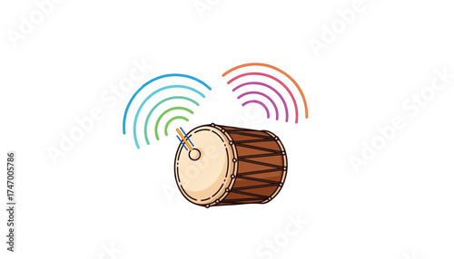 Illustration of a drum with sound waves emanating from it, depicted in blue, green, and purple colors, against a white background.