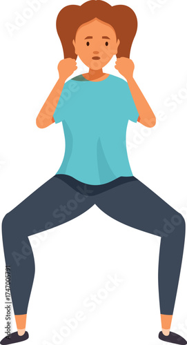 Woman doing sumo squats with hands near face, concentrating on her workout