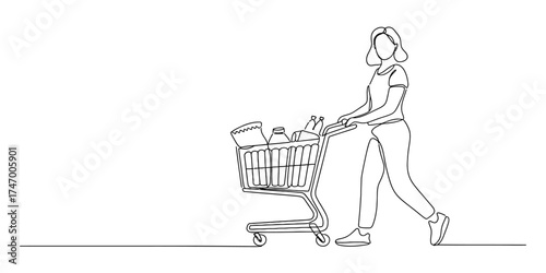 Minimalist continuous line drawing of a person pushing a shopping cart vector