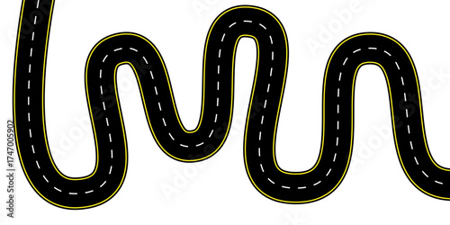 Top aerial view of a winding two lane road with dashed center lines and smooth asphalt surface vector graphic ideal for map icons highway layouts race curve graphics and transport design