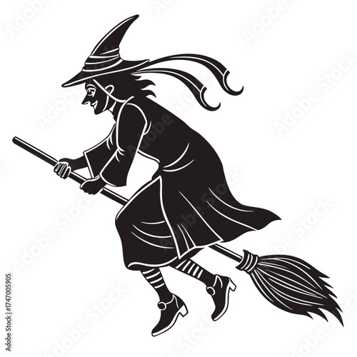 Black silhouette of a witch flying on a broomstick