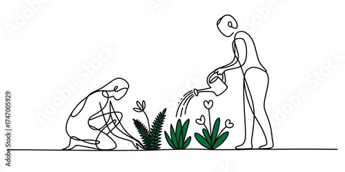 Continuous one line drawing of people gardening together watering plants and digging vector