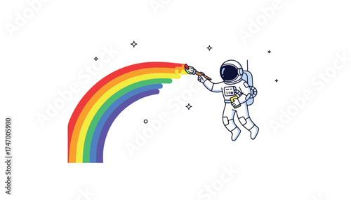An astronaut in a spacesuit floats in space, painting a vibrant rainbow with a paintbrush on a white background.