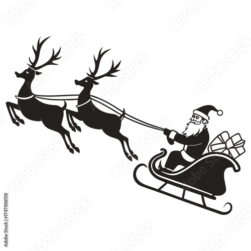Black silhouette of Santa Claus in a sleigh pulled by two reindeer