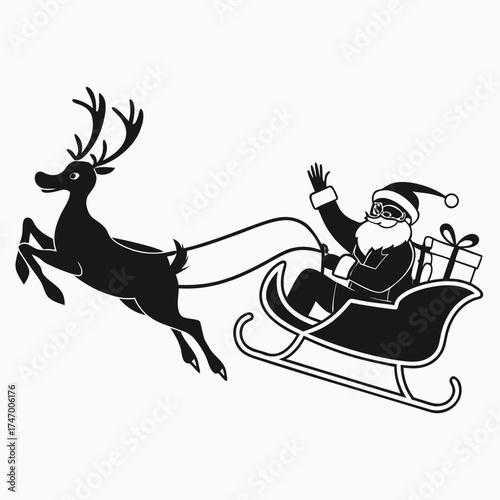 Black silhouette of Santa Claus in sleigh pulled by reindeer