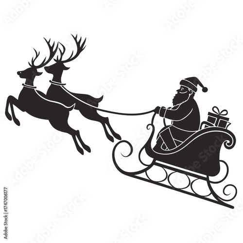 Black silhouette of Santa Claus in sleigh pulled by two reindeer