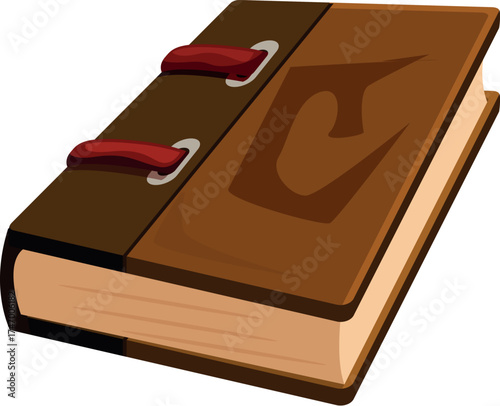 Closed ancient book with clasps exhibiting enigmatic symbol, grimoire or spellbook