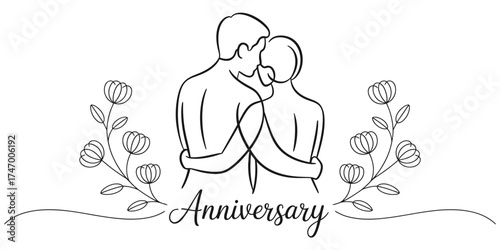 Elegant continuous line drawing of a couple embracing for anniversary celebration vector