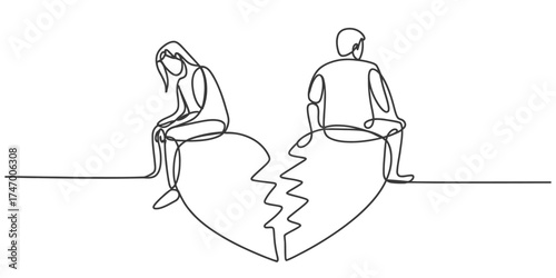 Single line drawing of two figures on a broken heart symbolizing separation and sadness vector