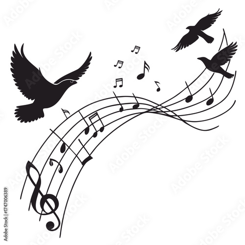 Black silhouettes of birds flying with musical notes