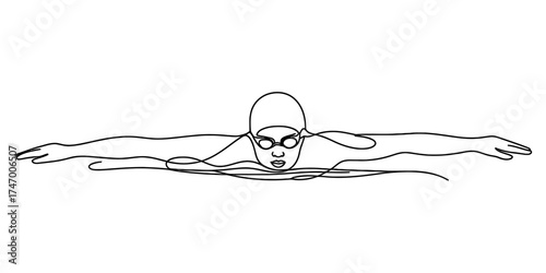 Continuous one line drawing of a swimmer performing the butterfly stroke vector