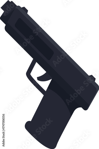 Short barreled black handgun pointing diagonally down on a white background