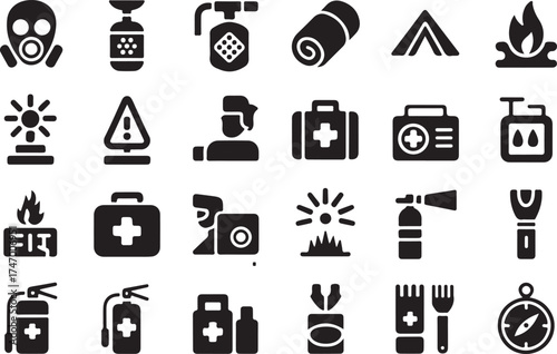 Collection of vector icons depicting emergency services first aid disaster and safety equipment