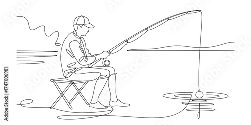 Continuous one line drawing of a fisherman patiently waiting for a catch vector