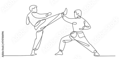 Dynamic continuous line drawing of two martial artists in action vector