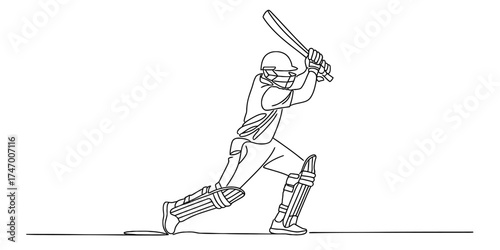 Continuous one line drawing of a cricketer batting action in minimalist style vector