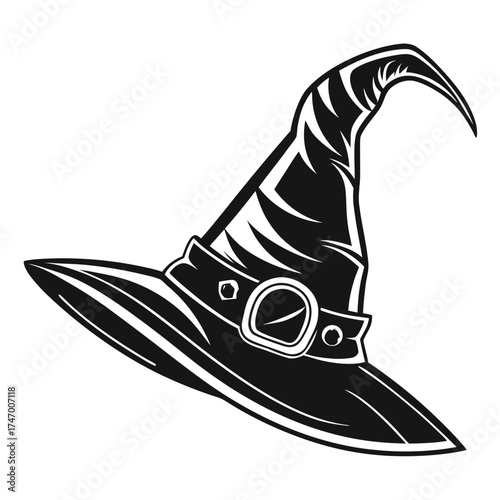 Black witch hat icon pointy shape with curved brim