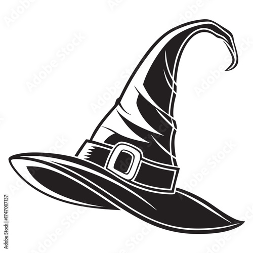 Black witch hat icon with buckle and curved brim white