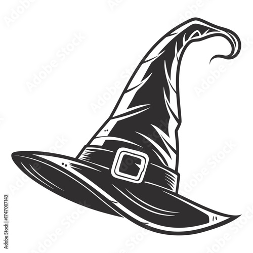 Black witch hat icon with pointy shape and curved brim 1
