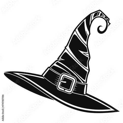 Black witch hat icon with pointy shape and curved brim