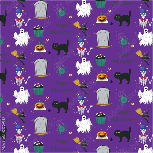 Spooky Halloween Pattern with Ghosts and Cats