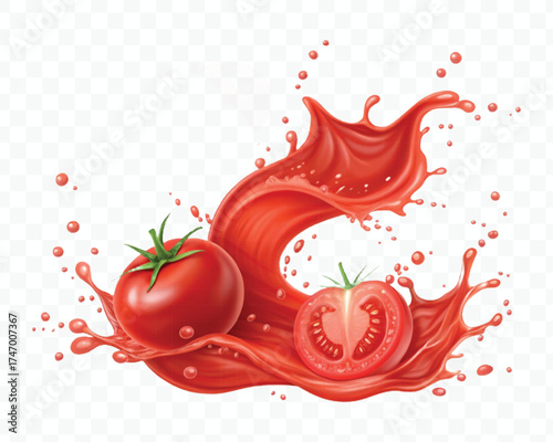abstract 3d red tomato juice or ketchup sauce splashes in different style isolated on transparent background
