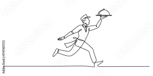 Continuous one line drawing of a chef running with a food tray delivery vector