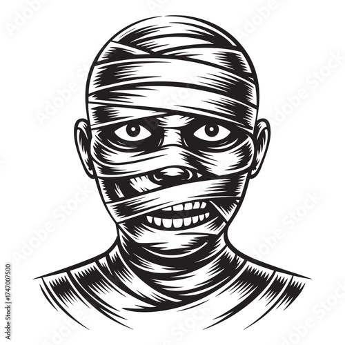 Creepy mummy face with bandages wrapped around its head and showing its teeth in a scary grin