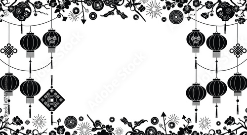 Elegant black and white illustration of traditional chinese lanterns and floral designs