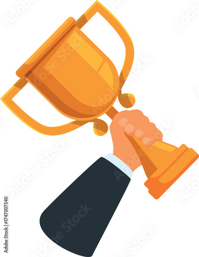Hand holding golden trophy celebrating victory achievement, first place winner concept