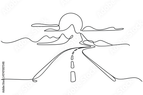 Minimalist single line drawing of a winding road leading to mountains under a setting sun