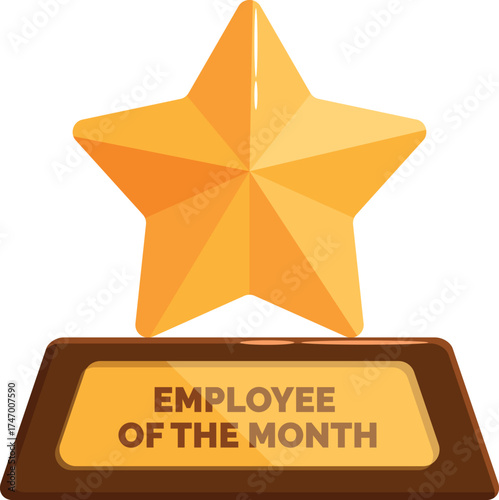 Golden star trophy is standing on wooden base with golden plate for employee of the month