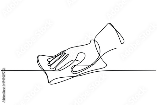 Continuous line drawing of a hand wearing a glove wiping a surface with a cloth