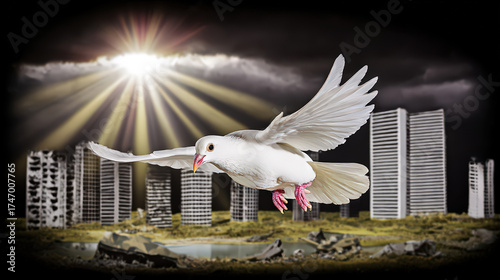 A pure white dove flies against the backdrop of a war-torn city with rays of sunlight breaking through the overcast clouds. AI generated.