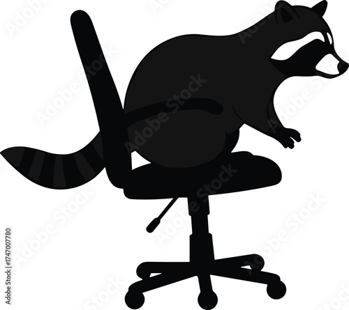 Whimsical raccoon silhouette sitting on office chair, playful animal character illustration, humorous workplace concept, creative fantasy artwork, unique business lifestyle design