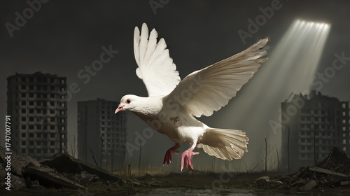 A pure white dove flies against the backdrop of a war-torn city in the dark. AI-generated image.
