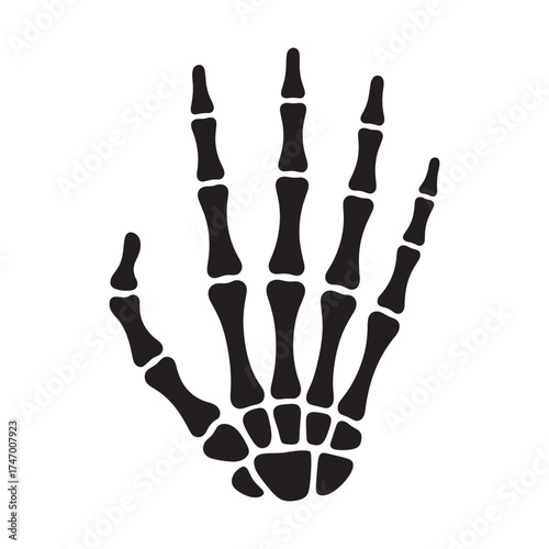 Stylized black skeleton hand graphic with visible bones and joints isolated on white background