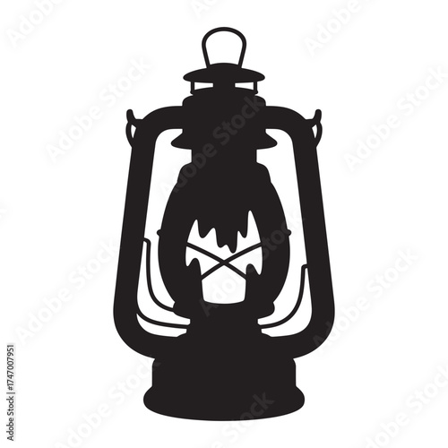 Silhouette of an old fashioned kerosene lantern with a handle and glass globe on a white background