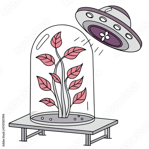 Cartoon alien spaceship hovering over pink plant in glass dome