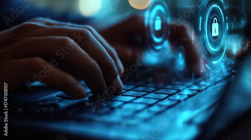 A close-up of human male fingers typing on a laptop keyboard with floating blue digital symbols and digital security signs. AI-generated.
