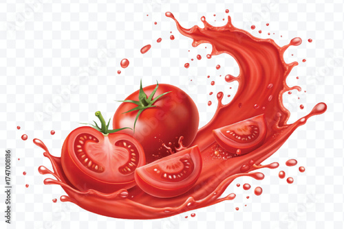 abstract 3d red tomato juice or ketchup sauce splashes in different style isolated on transparent background