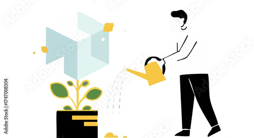 Man watering a growing cube plant concept of business growth