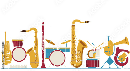 Colorful musical instruments arranged in a whimsical design