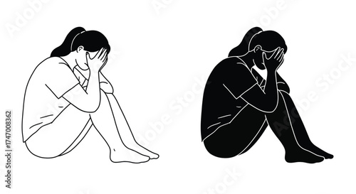 Two distressed figures a woman sitting and covering her face in sorrow