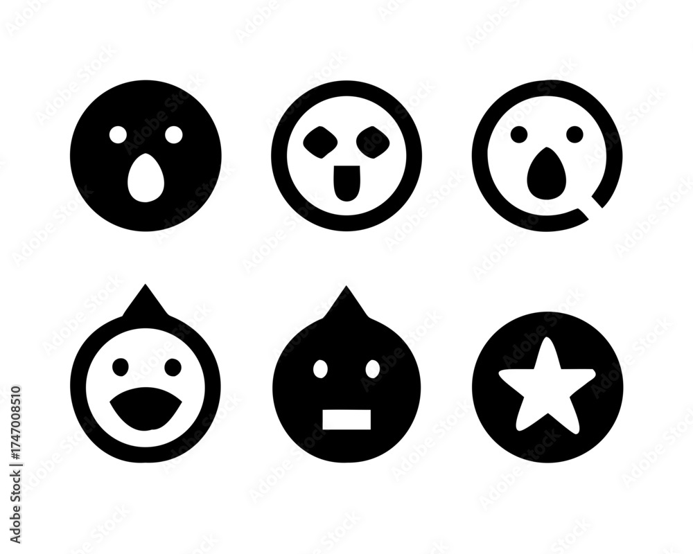 Fototapeta premium Set of six unique black and white emoticon faces