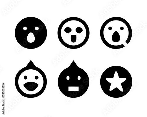 Set of six unique black and white emoticon faces