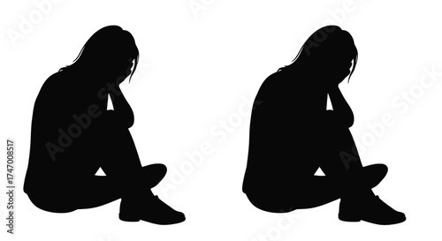 Two silhouettes of a person sitting with their head in hands