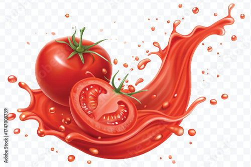 abstract 3d red tomato juice or ketchup sauce splashes in different style isolated on transparent background