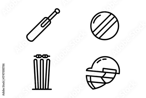 Cricket Equipment Icons Set Bat Ball Wicket and Helmet Sport Equipment Outline Style Symbols Isolated on White Background