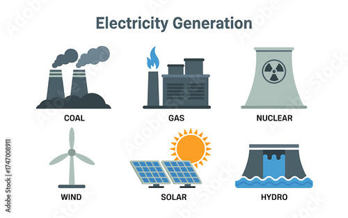 Illustrative Chart of Different Electricity Generation Methods Including Coal Gas Nuclear Wind Solar and Hydro